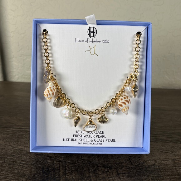 House Of Harlow 1960 Gold Tone Natural Shell Charm Necklace 16" + 3" NWT - Picture 1 of 6